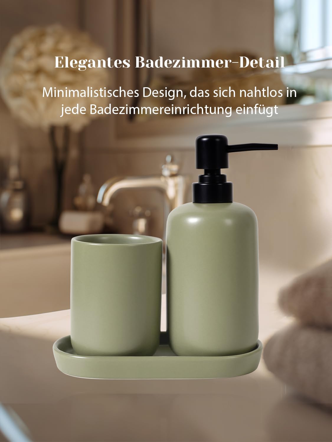 Badezimmer Zubehör Set Grün, 3-Teilig Keramik Bad Set Praktisch Bad Zubehör Set mit Schmal Seifenspender, Zahnputzbecher & Ablageschale für Bad, Waschbecken