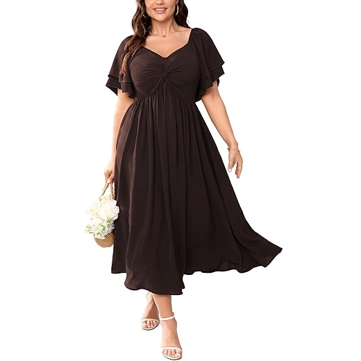 SCOMCHIC Women's Plus Size Wedding Guest Cocktail Dresses Sweetheart Neckline Ruffle Sleeve A Line Maxi Dress