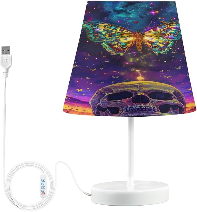 ALAZA Sugar Skull Butterfly Mountain Decor Bedside Table Lamp with USB Port 3 Color Temperatures LED Desk Lamp for Bedroom Office M