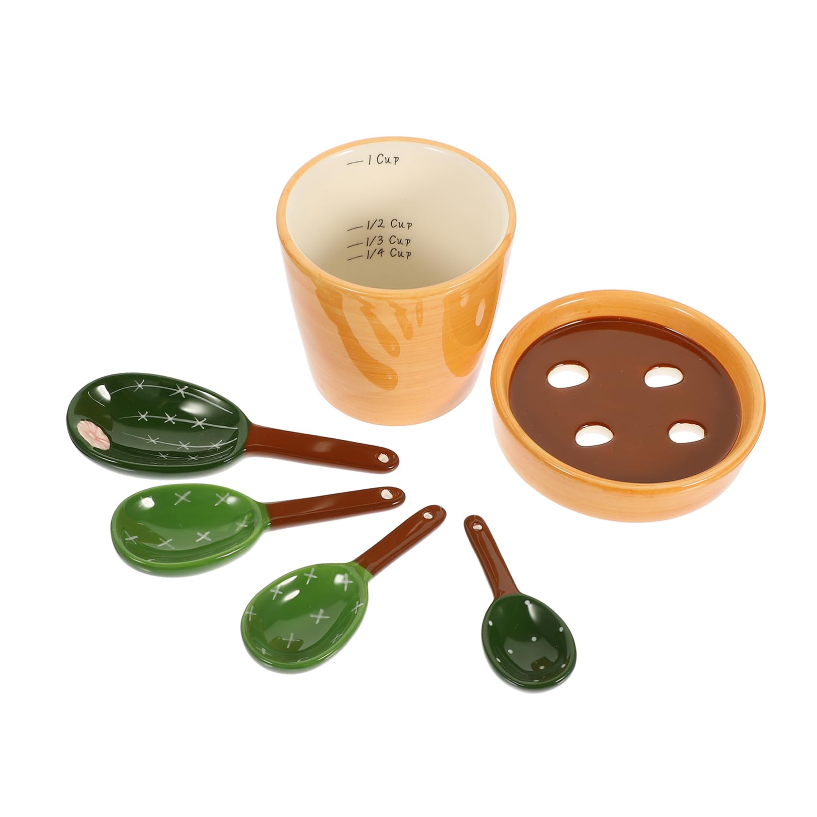 Cucharas Medidoras de Cerámica Diseño Cactus 5 Piezas Tamaño Pequeño Material Cerámico Resistente Utensilios de Cocina para Medir Ingredientes Secos y Líquidos Uso Doméstico Base