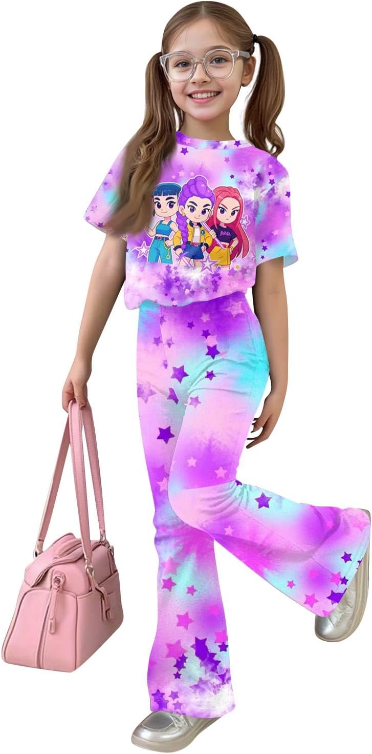 Girls 2 Piece Outfits Cute Singer Cartoon Short Sleeve Tops and Pants Fashion Movie Star Tracksuit Casual Clothings
