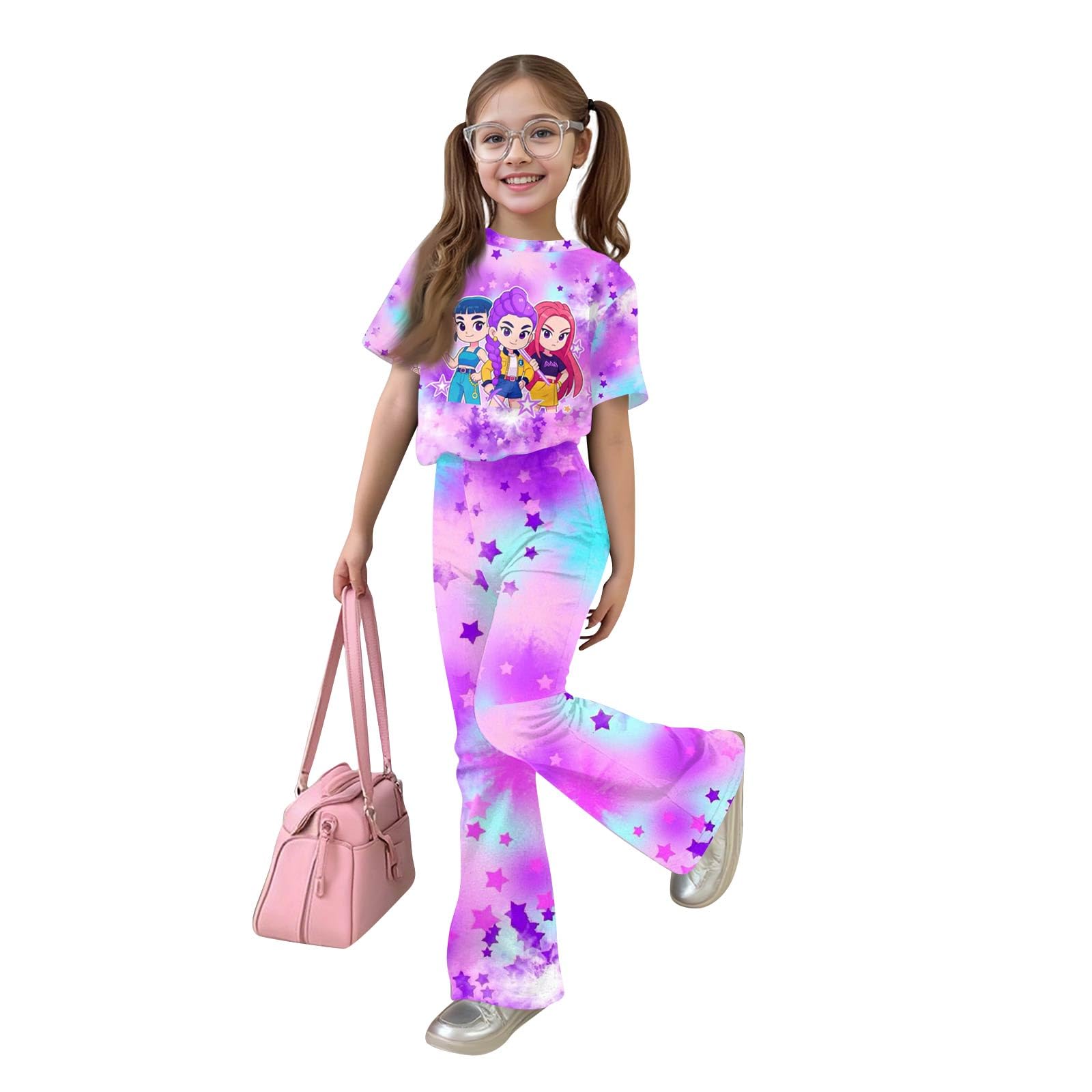 Girls 2 Piece Outfits Cute Singer Cartoon Short Sleeve Tops and Pants Fashion Movie Star Tracksuit Casual Clothings