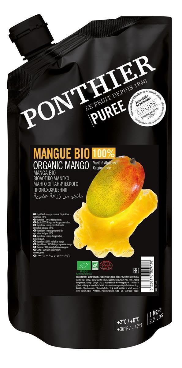 Ponthier Bio Fruchtpüree Mango - 4x 1kg - Püree aus indischen Mangos, frei von Farb- und Konservierungsstoffen, für Mango Bowls, Smoothies, Eis, Dessert, Porridge