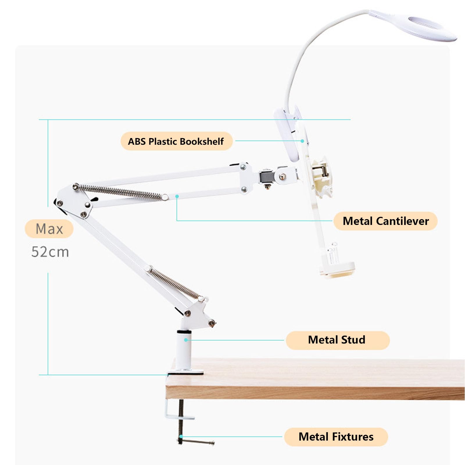 Soporte para teléfono para Cama y Escritorio,Soporte de Brazo de Escritorio Ajustable,360 Flexible Soporte Móvil Perezoso, Compatible con Libros de tabletas para(Size:con diseño de luz circular)
