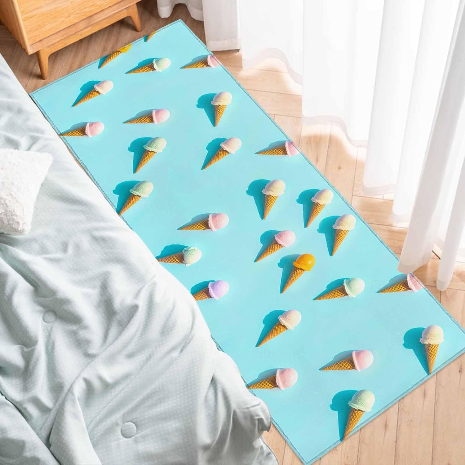 Teamery Kitchen Mats for Floor Summer Sweet Dessert on Mint Green Washable Non Slip Kitchen Rugs 1PCS, Seamless ICY Cream Absorbent Standing Mats for Sink Bathroom Office Living Room 15.7x47.2in