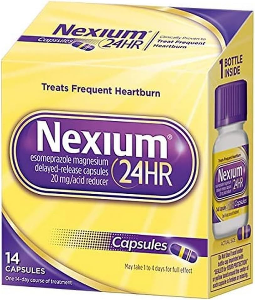Nexium 24HR Acid Reducer Heartburn Relief Capsules for All-Day and All-Night Protection from Frequent Heartburn, Heartburn Medicine with Esomeprazole Magnesium - 14 Count