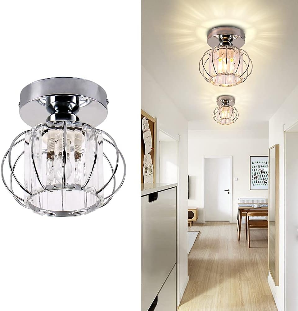 FRIXCHUR Small Chandelier Semi Flush Mount Ceiling Light Fixture Chrome Crystal Ceiling Lighting Modern Crystal Ceiling Light Fixture for Hallway Closet Kitchen Island Dining Room Bedroom E26 Base