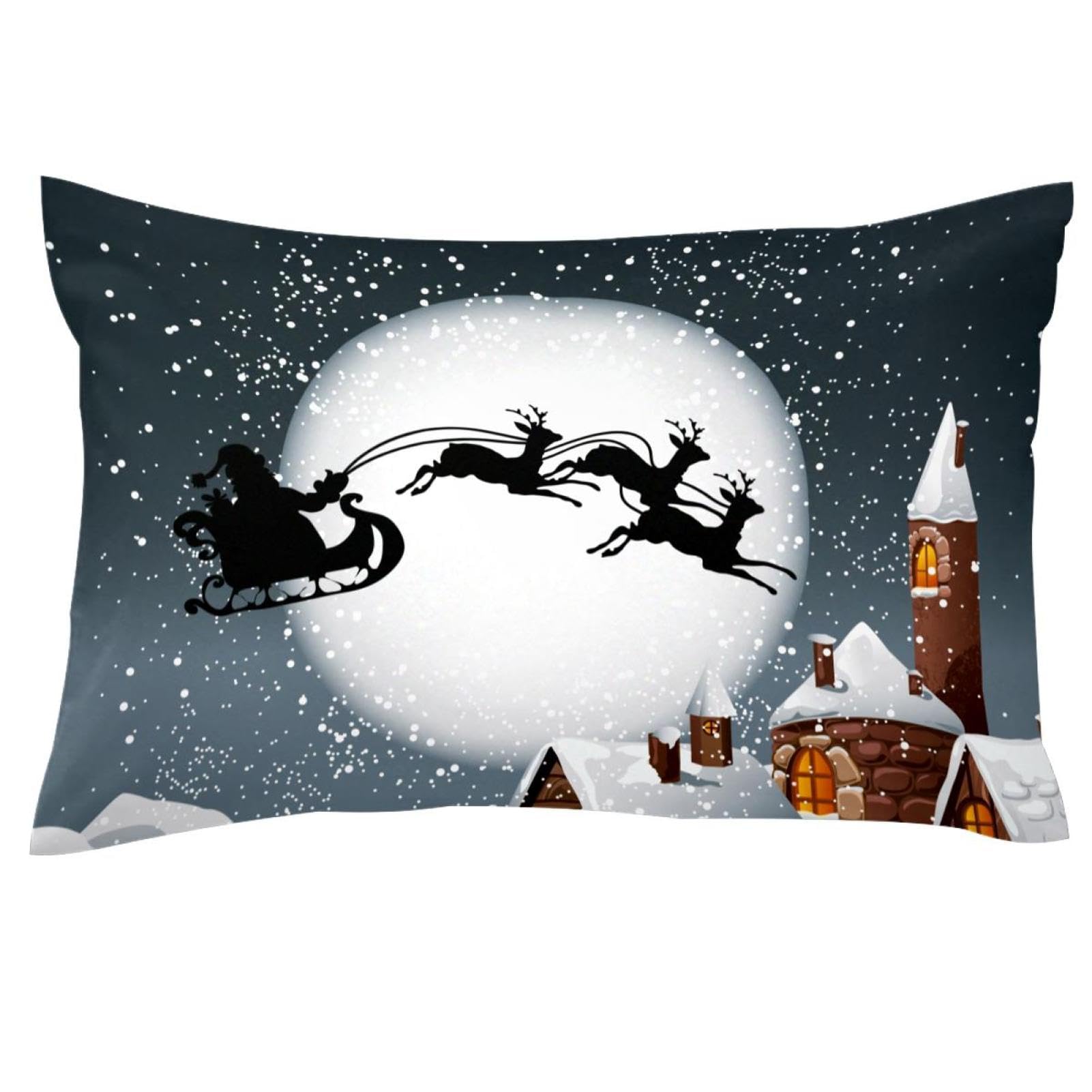Vapokf Multi Santa And His Reindeer On Full Moon With Snowy Town Pillow Covers King 20X36 Inch, Farmhouse Throw Pillow Covers Cushion Case For Spring Home Sofa Couch Decoration