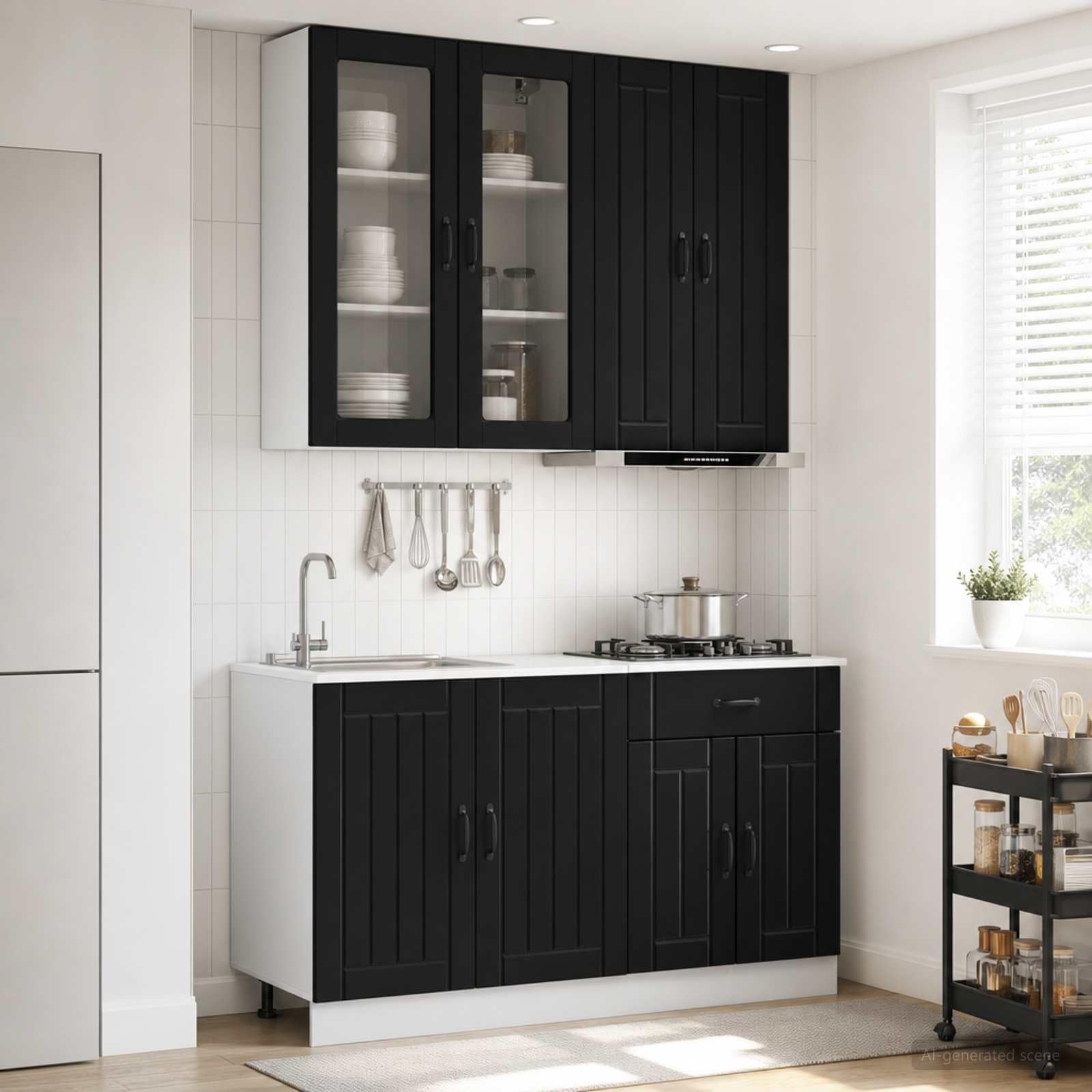Küchenzeile Lucca 4-teilig Schwarz - Moderne Einbauküche aus Holzwerkstoff mit Hängeschrank und Unterschrank für Küche und Speisekammer, Küchenmöbel Set