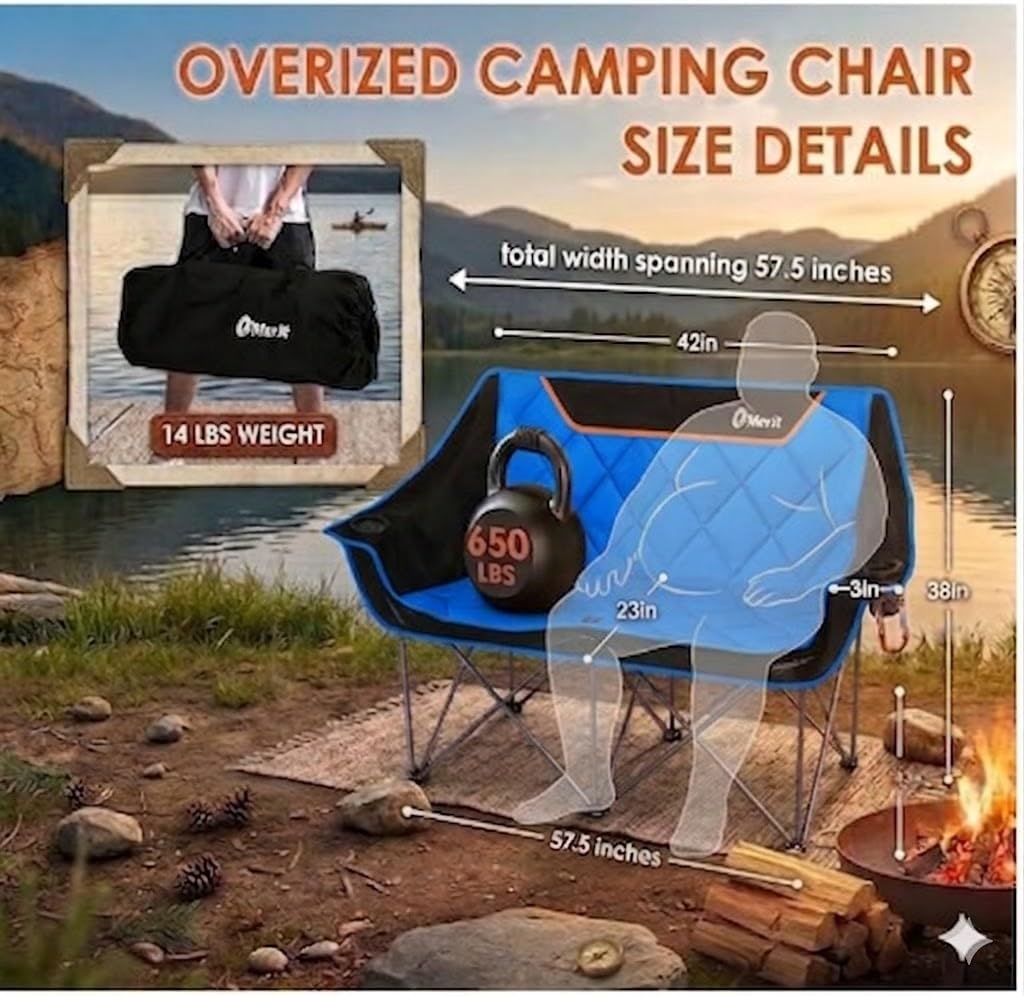 EMERIT Double Camping Chair Oversized Padded for Adults, Heavy Duty Folding Loveseat for Outdoor, Camping, Beach, Lawn, Concert 650LB