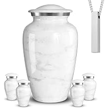 Set of 6 Cremation Urns for Human Ashes Includes 1 Large Urn with 4 Small Keepsakes & 1 Silver Necklace - White Marble