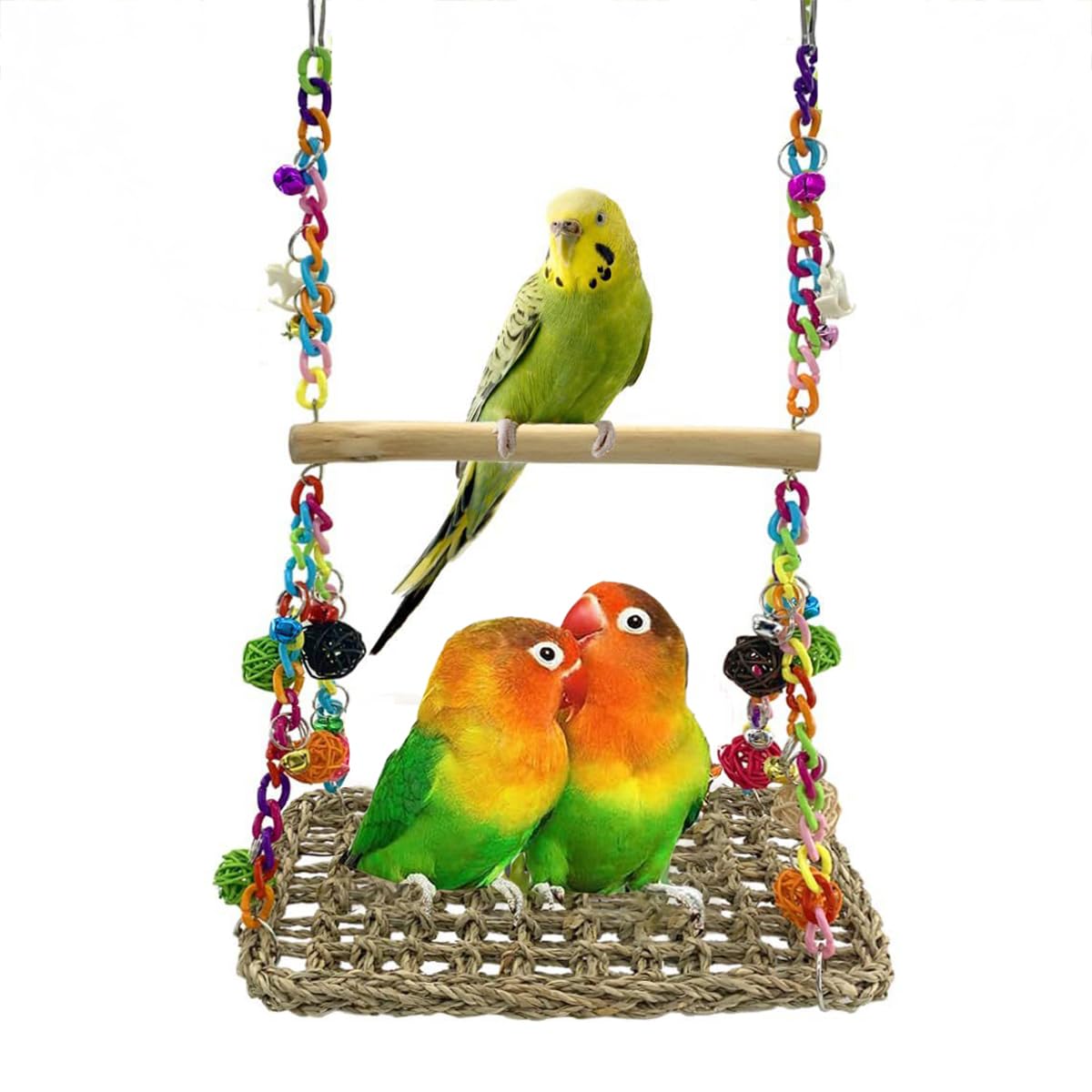 ZYYRSS Seagrass Bird Swing Toys with Wood Perch, Perfect for Lovebirds Conures, Parakeets, Parrotlets, Budgie, Cockatiels