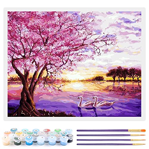 Toudorp Pintar por números Kit de pintura acrílica para bricolaje de paisaje - 40 cm x 50 cm Patrón de lago de los cisnes Pintura por números con 3 pinceles y colores brillantes sin marco Cover