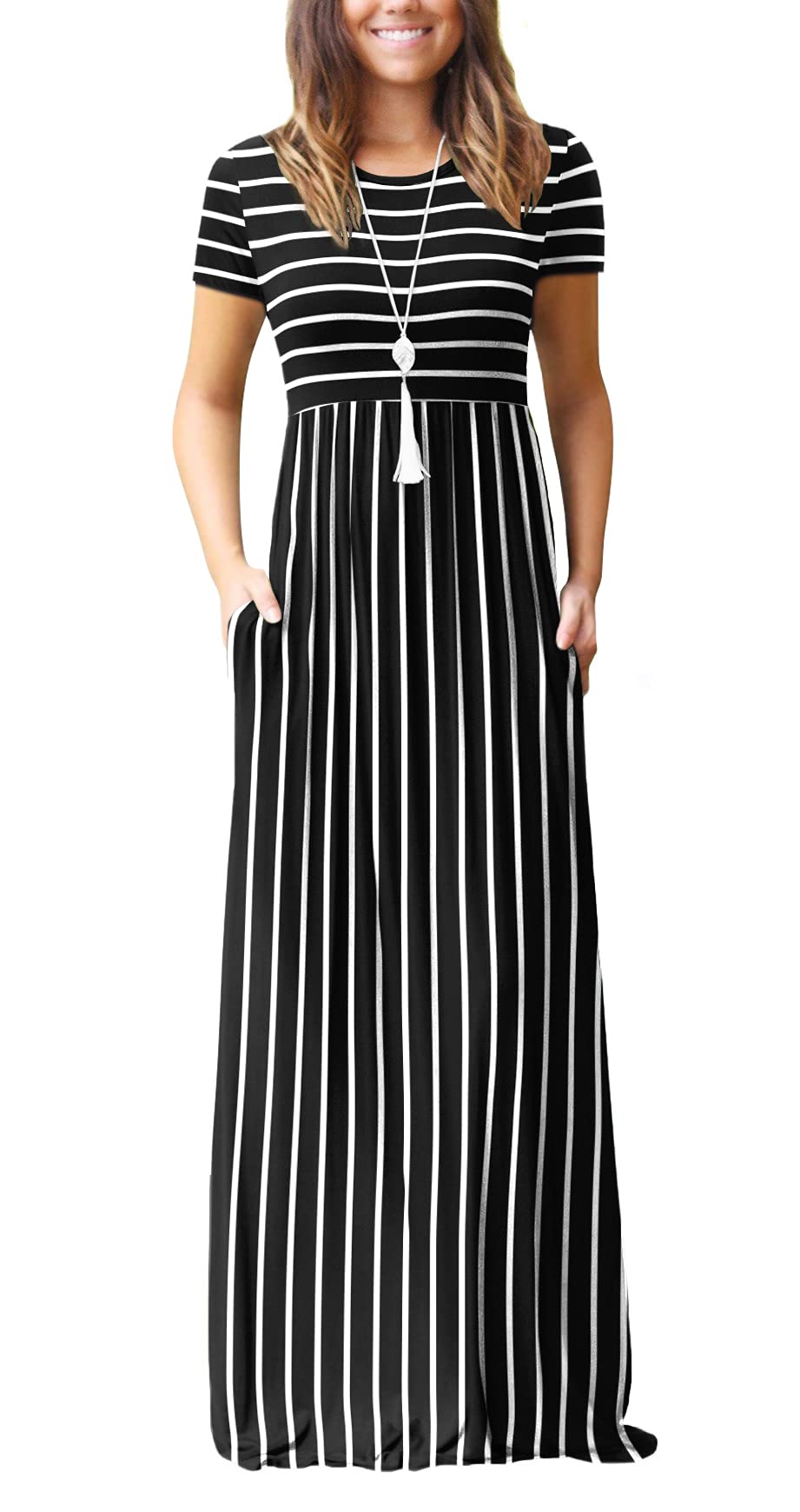 DEARCASE Maxi Dress for Women Short Sleeve Casual Summer Loose Plain Comfy Long Dresses with Pockets