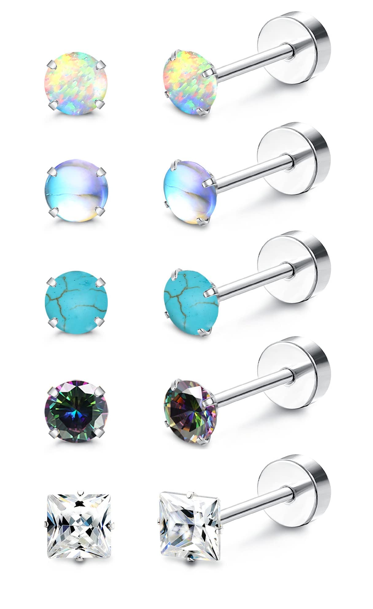 MILACOLATO 5Pares Piercing Titanio para Mujer Hombre G23 Pendiente de Titanio para oreja Piercing Corazón Ópalo Perla Turquesa Cúbico Zirconia Estrella Luna Cartílago Piercing Stud 20G Flatback Stud