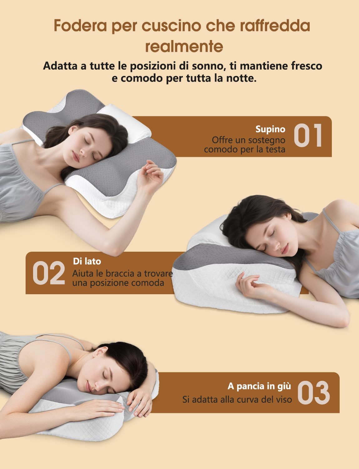 Cuscino Cervicale 2 in 1 in Memory Foam Ergonomico, per Dormire su Fianco, Schiena e Stomaco, con Federa Sfoderabile e Lavabile, 61x41x12/13 cm (Grigio)