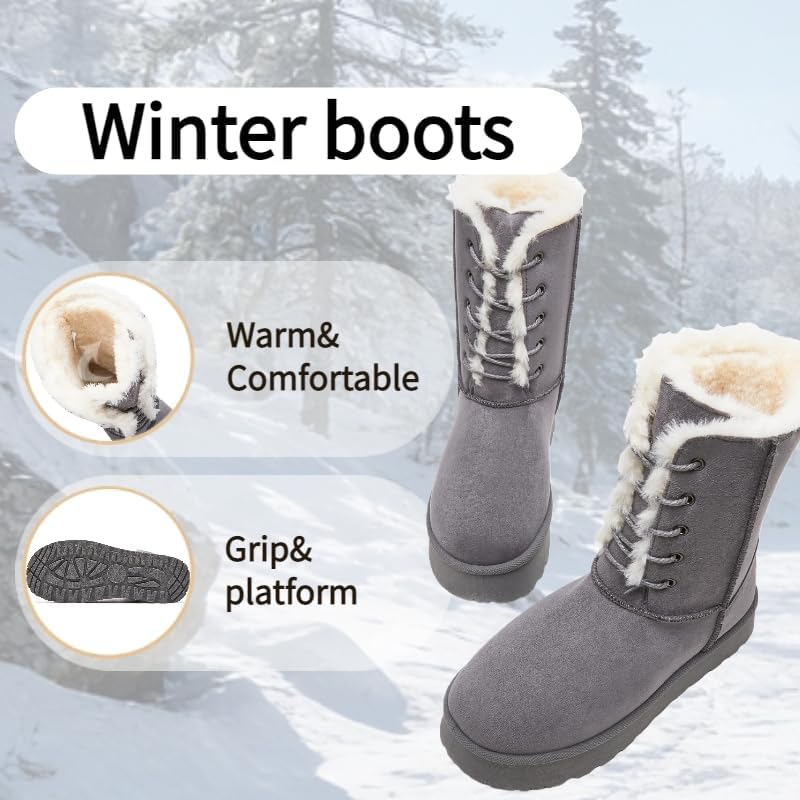 Uoidru Women's Snow Boots Mid-calf Boot Lace-up Winter Boots for Women Fur Lined Boot Womens Suede Platform Snow Boots - Image 6