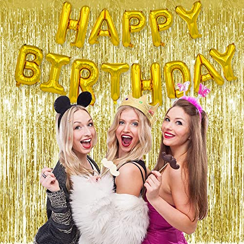 Image of 3Pcs Gold Metallic Tinsel Foil Fringe Curtains,3.28ft x 6.56ft Gold Photo Booth Backdrop Streamer Curtain,Photo Booth Props,Ideal Bachelorette Party Supplies, Birthday, Christmas,New Year Decorations