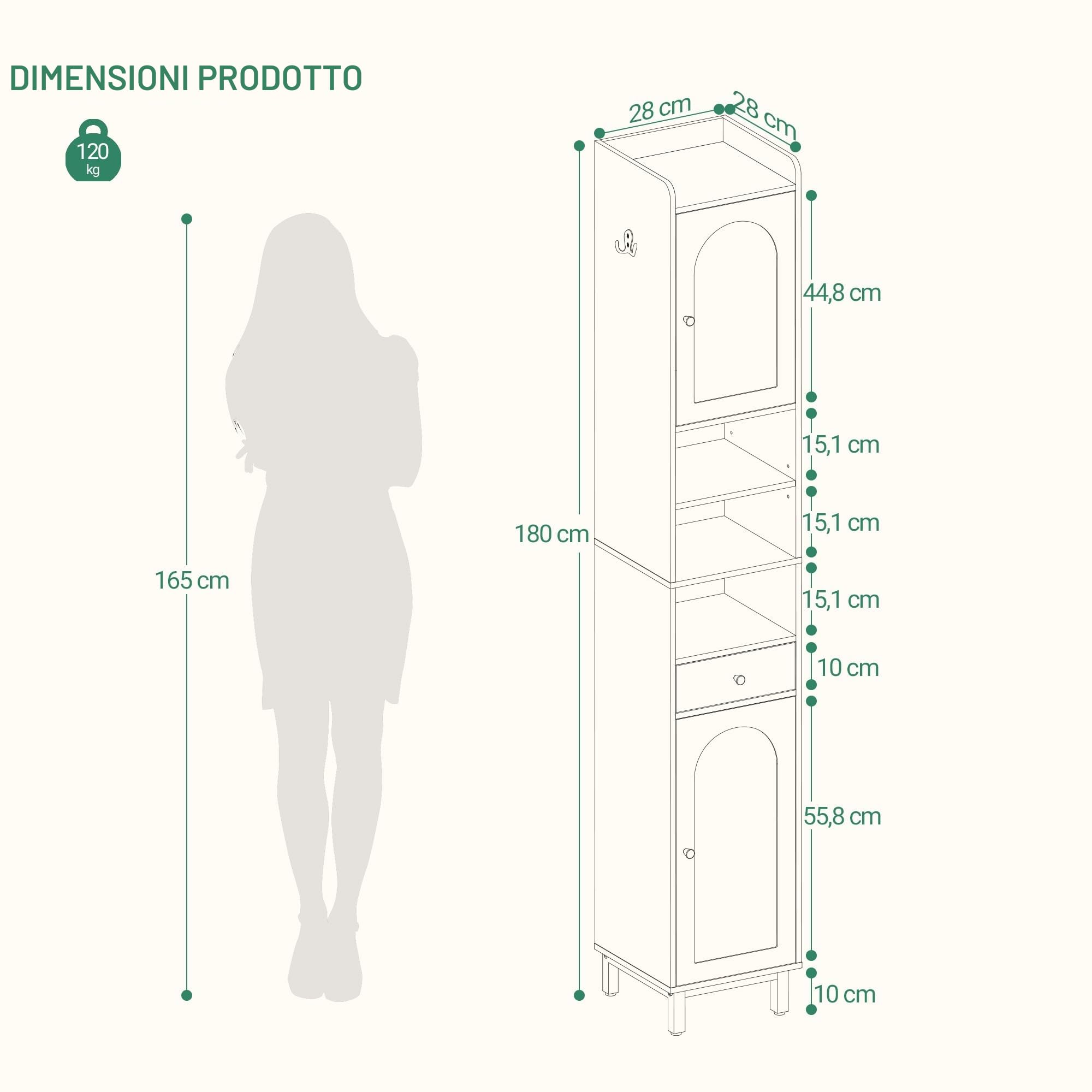 Hzuaneri Mobile Bagno, Mobiletto Bagno Salvaspazio a Colonna da Terra con Ripiani Regolabili, 1 Cassetto, 2 Ante, 28 x 28 x 180 cm, Mobile Alto per Soggiorno, Camera Da Letto, Bianco BC29013G