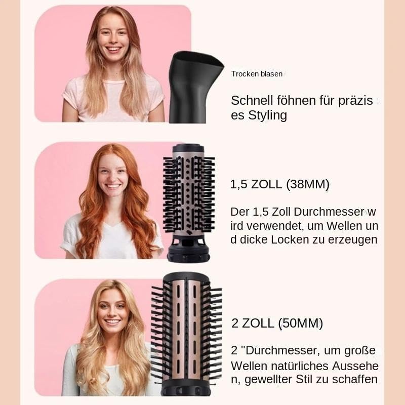 Praktischer, Rotierender Haartrockner Bürste In Rosa Mit Zwei Abnehmbaren Bürsten Größen Für Alle Haartypen Und Stylings Möglichkeiten