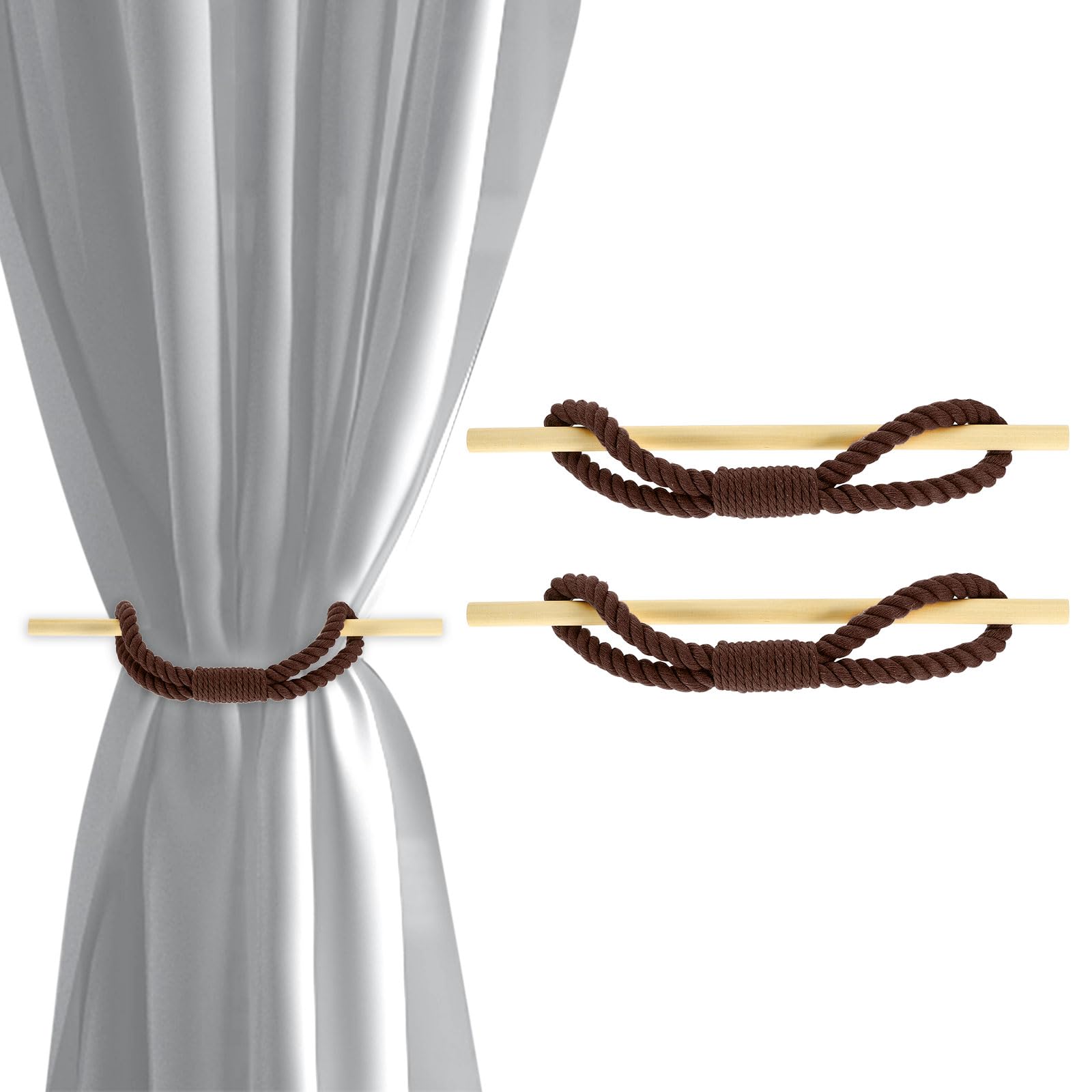 sourcing map 2 Pack Curtain Tiebacks, Cotton Rope Curtain Drapes Holdbacks Hand-Woven Decorative Farmhouse Tie Backs with Wood Club for Home Office Decor, Dark Brown