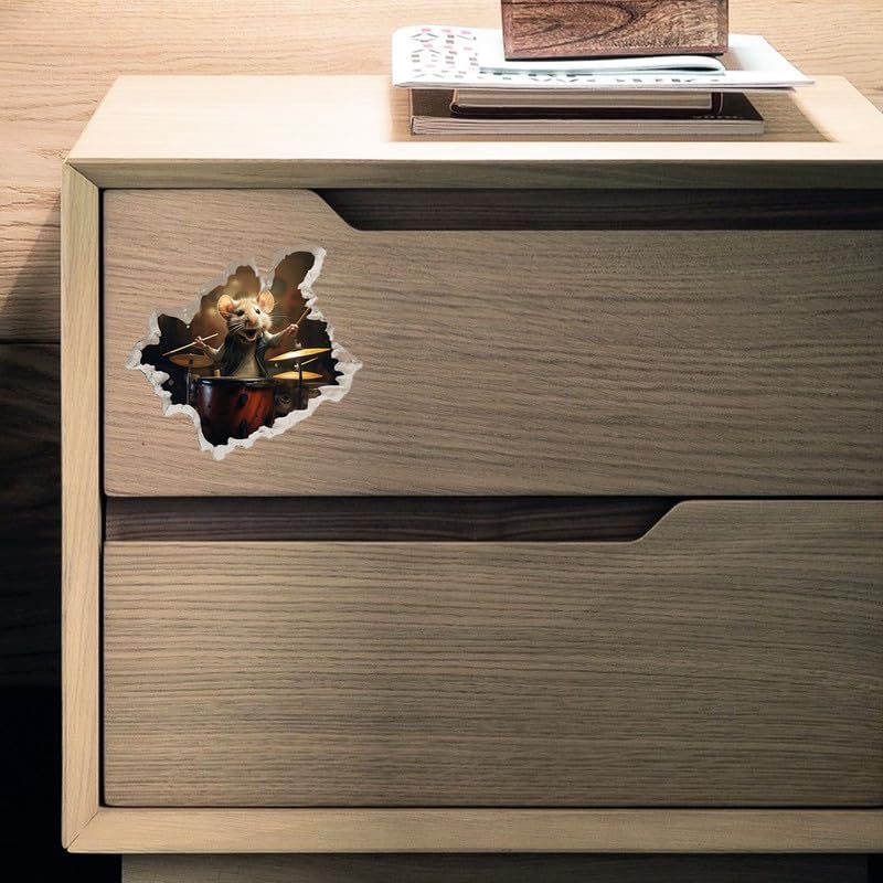 Miniatura 4 de Drummer Mouse in Mouse Hole - Calcomanía de pared 3D, decoración del hogar de dibujos animados, arte de vinilo, estantería, laptop, aula, habitación