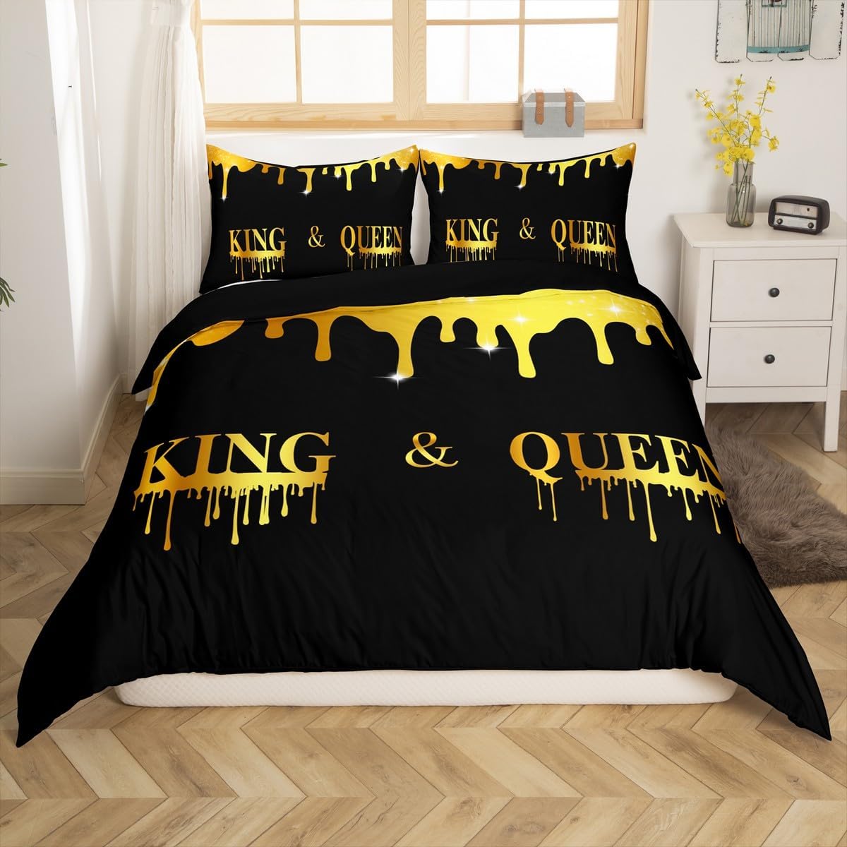Feelyou King and Queen Bedding Set Twin Size, Glitter Mr Mrs Comforter Cover for Couple Man Woman Couple Lover Duvet Cover Valentine Day Bedspread Cover with 1 Pillow Case (No Comforter)