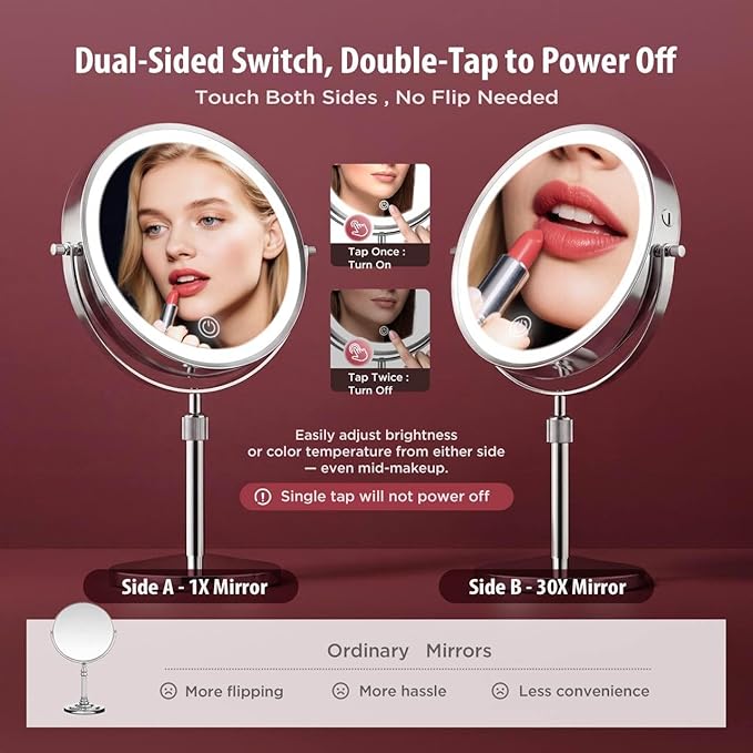 Espejo de Maquillaje con Luz LED, 1X/30X Aumento, 9 Pulgadas, Redondo, Recargable miniatura 2