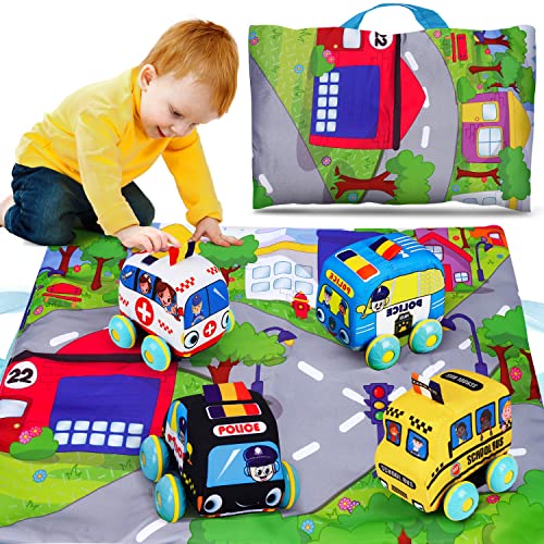 TOY Life Pull Back Cars for Toddlers 1-3 with Map, Baby Boy Toys Pull Back Vehicles, Soft Toy Cars for 2 Year Old Boys, Toddler Car Toys Soft Plush Toys for Toddler