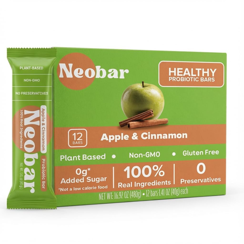NEOBAR Probiotic Fruit and Nut Bars - Plant-Based Vegan Snack Bars, Gluten Free Dairy Free Snacks, No Added Sugar, No Preservatives, Non-GMO | Apple & Cinnamon,12 Count