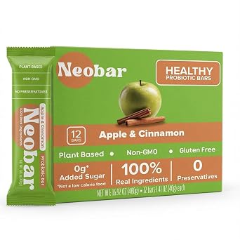 NEOBAR Apple Pie, Apple Cinnamon Probiotic Bars - Plant-Based Vegan Fruit and Nuts Snack Bars, Gluten Free Dairy Free Snacks, No Added Sugar, No Preservatives, Non-GMO |12 Count