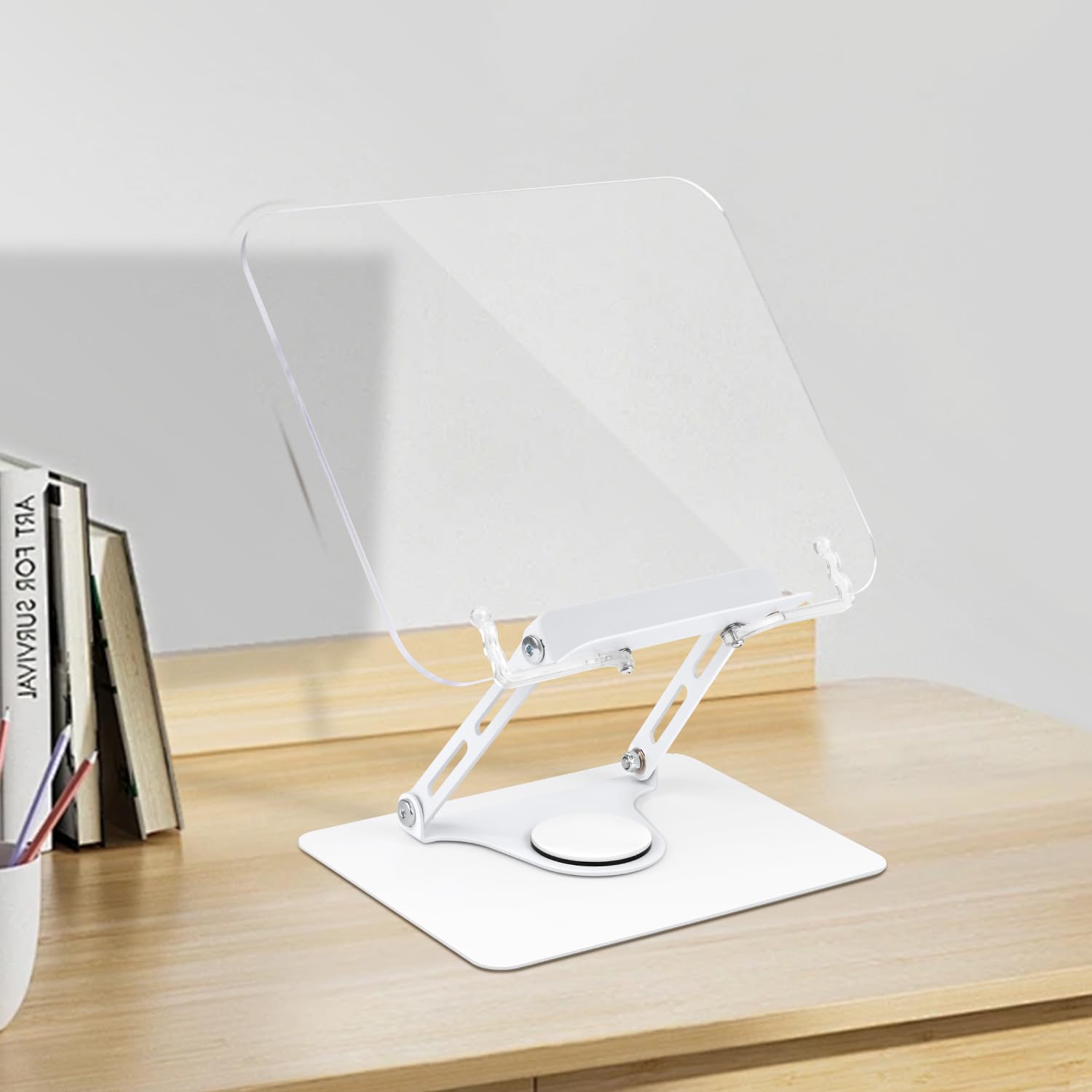 Honagu Book Stand for Reading, Adjustable Book Holder with 360 Degree Rotating Base & Page Clips, Hands Free Foldable Desktop Cookbook Stand for Sheet Music, Laptop, Recipe, Textbook (Acrylic)