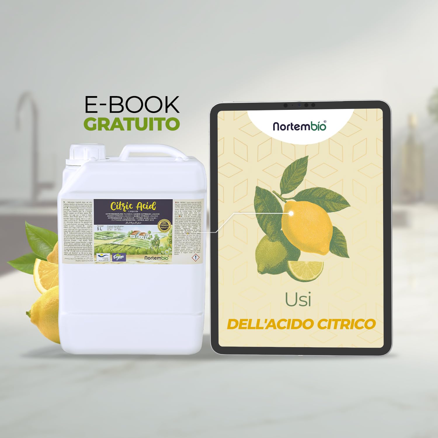 Nortembio Acido Citrico Ecologico 10 L Liquido Concentrato 100% Puro e Naturale Multiuso per Pulizia Domestica, Cucina e Bagno + eBook Gratuito Incluso