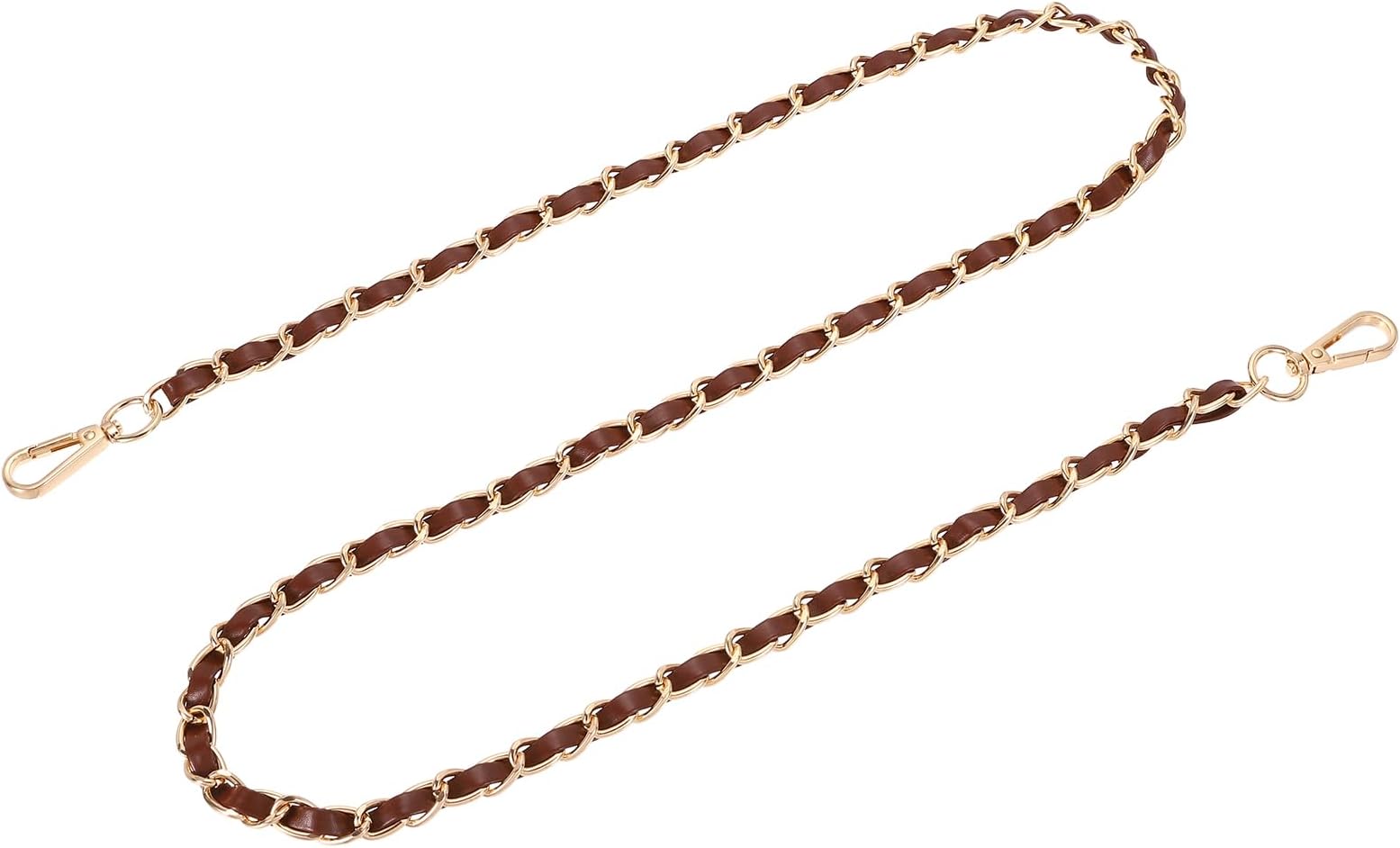sourcing map Purse Chain Strap, 47 Inch x 0.43 Inch Leather Iron Flat Chain Handbag Chains Purse Straps with Buckles for Shoulder and Cross Body Bags (Dark Brown Strap + Gold Chain)