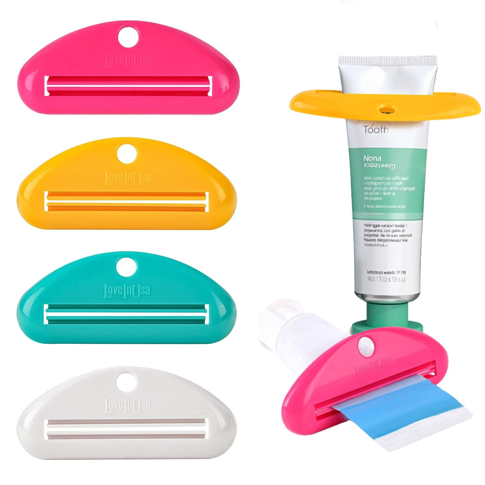 LOVEINUSA 4PCS Toothpaste Squeezer, Hanging Tube Squeezer Tool Multicolor Tubular Paste Dispenser for Saving Toothpaste Facial Cleanser Creams Paint