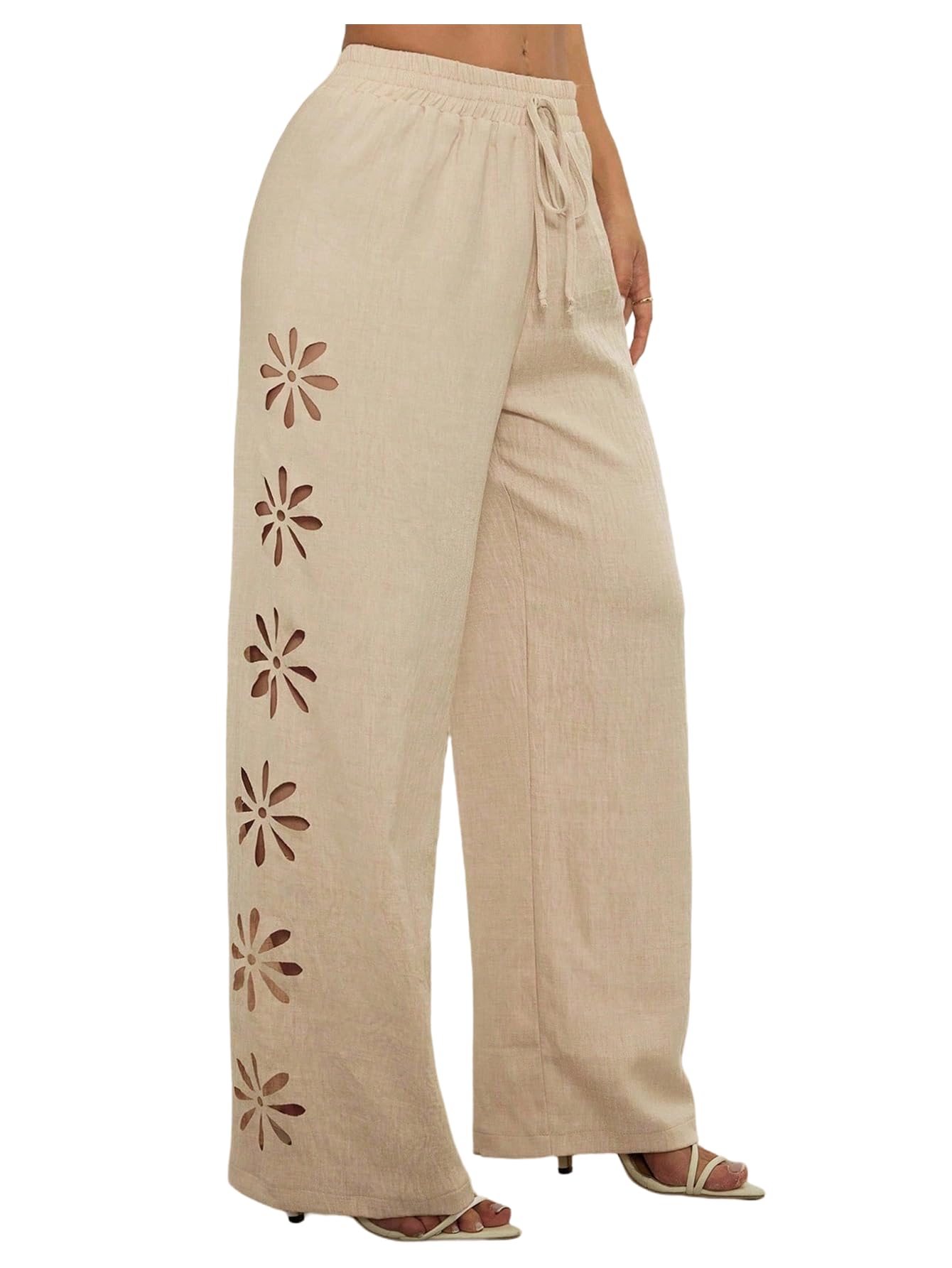 MakeMeChic Womens Fall Floral Wide Leg Pants Hollow Out Drawstring Elastic Waist Trousers