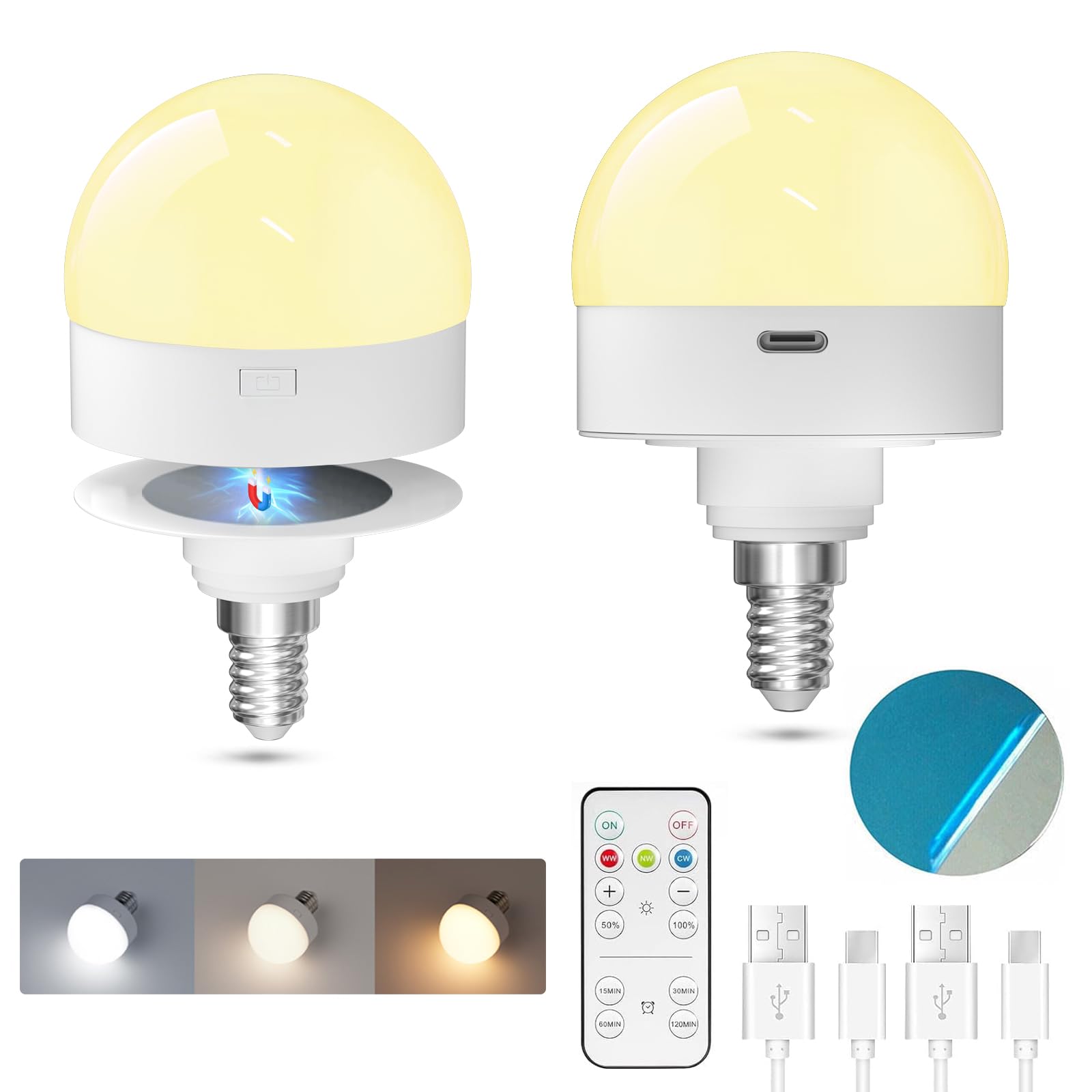 Bombilla Recagable USB-C con Mando Casquillo E14, 3 Temperaturas de Color Regulables Bombilla Bateria Recargable con Imán para Iluminación de Emergencia, Camping, Luces Nocturnas(2PCS)