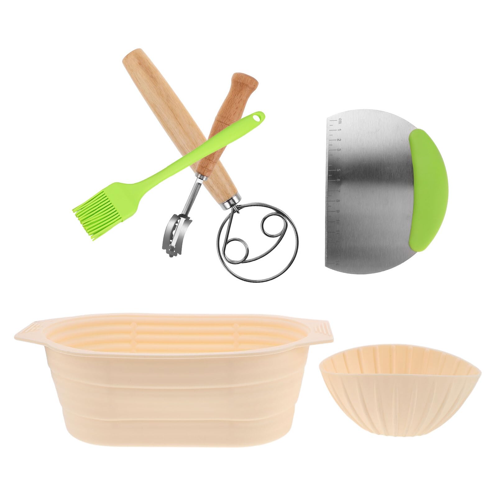 Garneck Cestas Fermentación Pan Silicona Ovaladas Beige Gran Capacidad con Cuchillo Cepillo y Batidor Herramientas para Hornear Casa