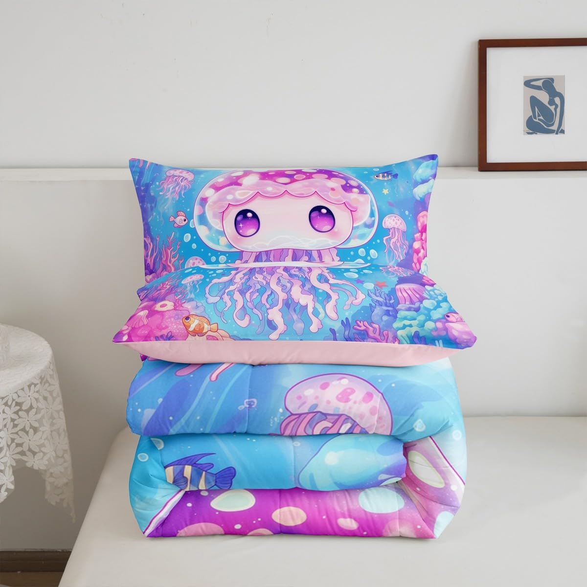 Feelyou Kids Cute Jellyfish Comforter Set Twin Size Ocean Fish Bedding Set for Boys Girls Teens Bedroom Decor Cartoon Animal Sea Creature Underwater Marine Life Duvet Quilt Breathable Soft 2Pcs
