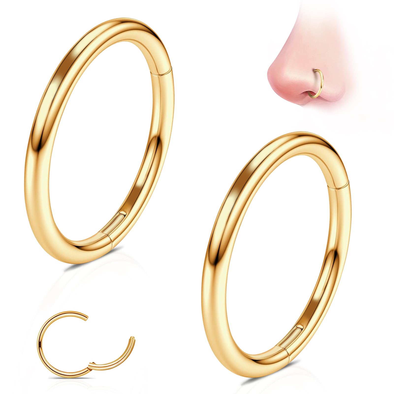 WBRWP G23 Titanium Nose Rings Hoops: 2Pcs Seamless Nose Septum Rings Hypoallergenic Cartilage Earrings Helix Daith Conch Tragus Rook Piercing Jewelry