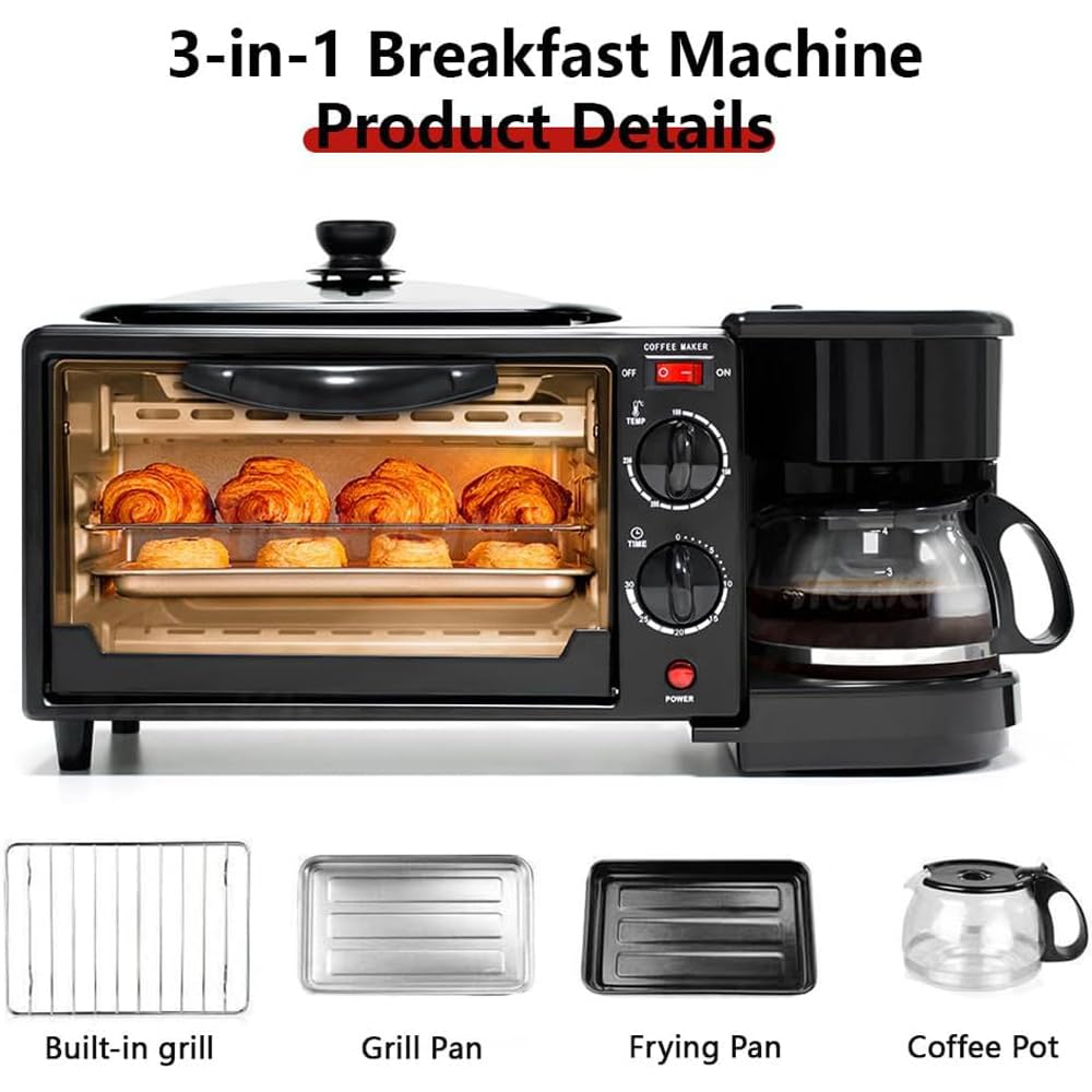 Multifunktions-Frühstückszubereiter 3-in-1, Elektrisch – Bratpfanne, Mini-Ofen & Kaffeemaschine, Antihaft, 30-Minuten-Timer, 100–230°C, Ideal für Kuchen, Sandwiches, Steaks & Frühstück