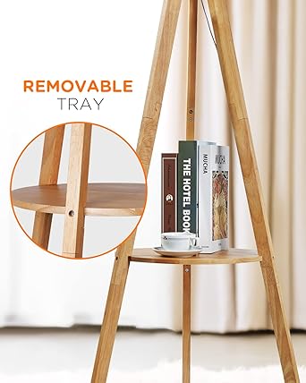 tomons tomons Staande lamp statief van hout, staande lamp met plank en E27 8 W gloeilamp, witte lampenkap van stof, Scandinavische stijl, voor woonkamer, slaapkamer photo 2