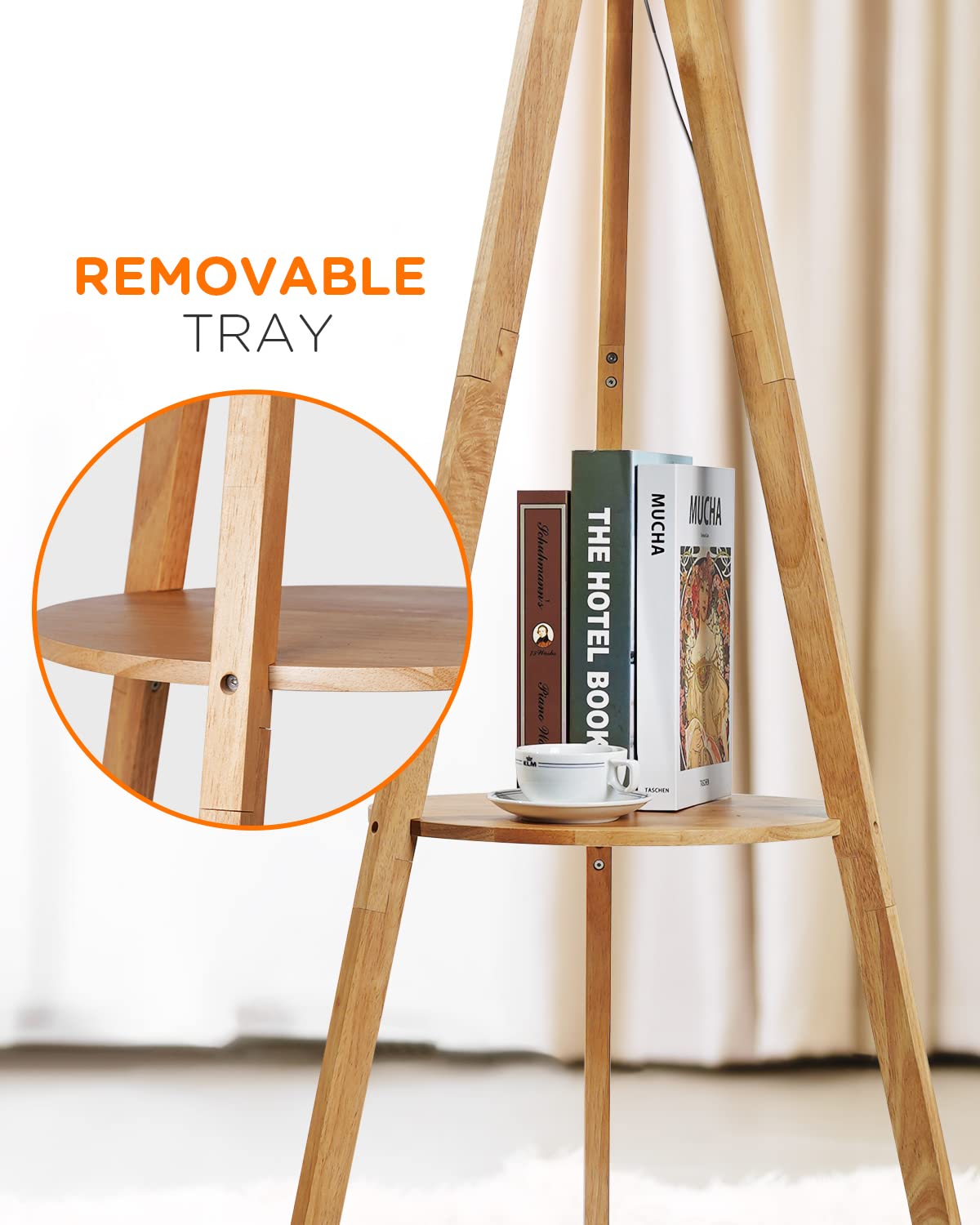 tomons Lámpara de Pie Trípode de Madera, con Repisa y Bombilla E27 8W, Pantalla de Tela Blanca, Estilo Escandinavo Pantalla para Salón, Dormitorio, Oficina