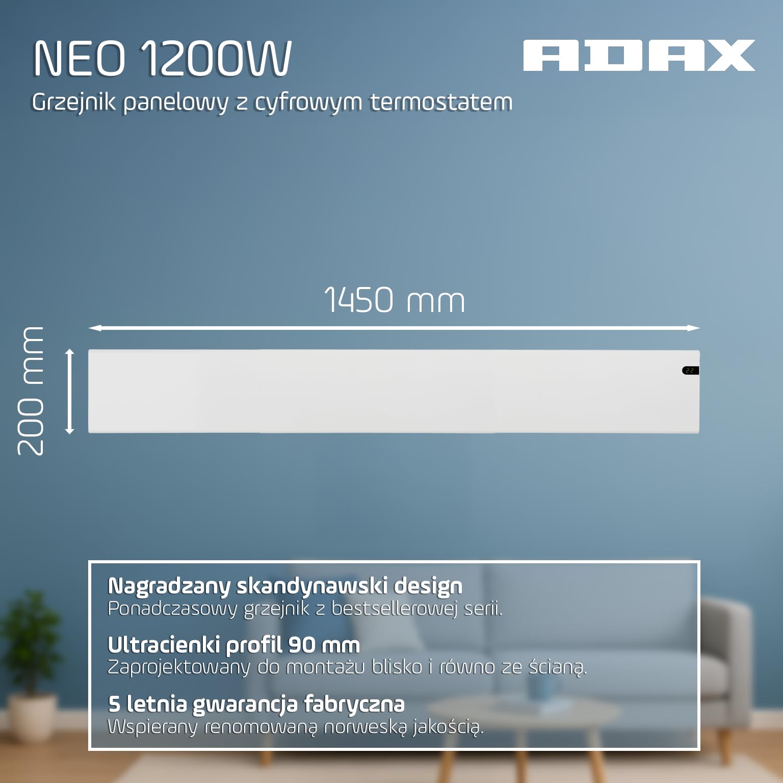 Adax Neo NL - konwektor, nowoczesne ogrzewanie elektryczne, 1200W, niska wysoko˜‡ 200mm | KDT Biaˆy | ochrona przed zamarzaniem | IP20C