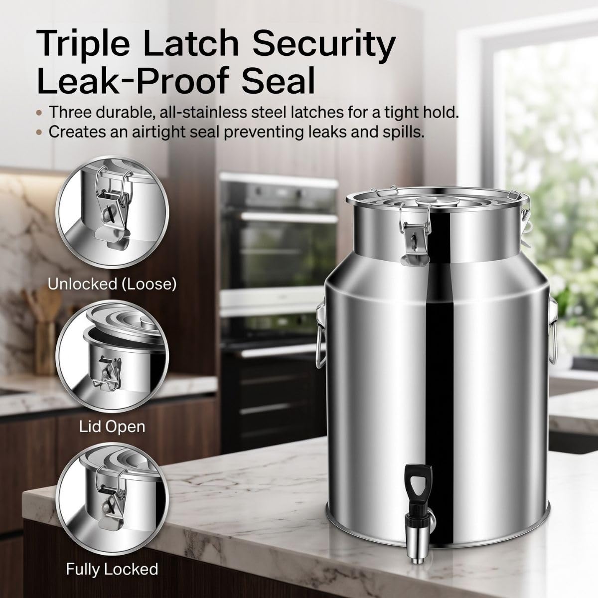 304 Edelstahl Kanne mit Versiegeltem Deckel, Luftdichte Milchkanne mit Hahn | Auslaufsichere Milcheimer für Wasser Wein Öl Honig, Edelstahleimer Eimer für Küche und Bauernhof(With Spigot,35L/9.25Gal)