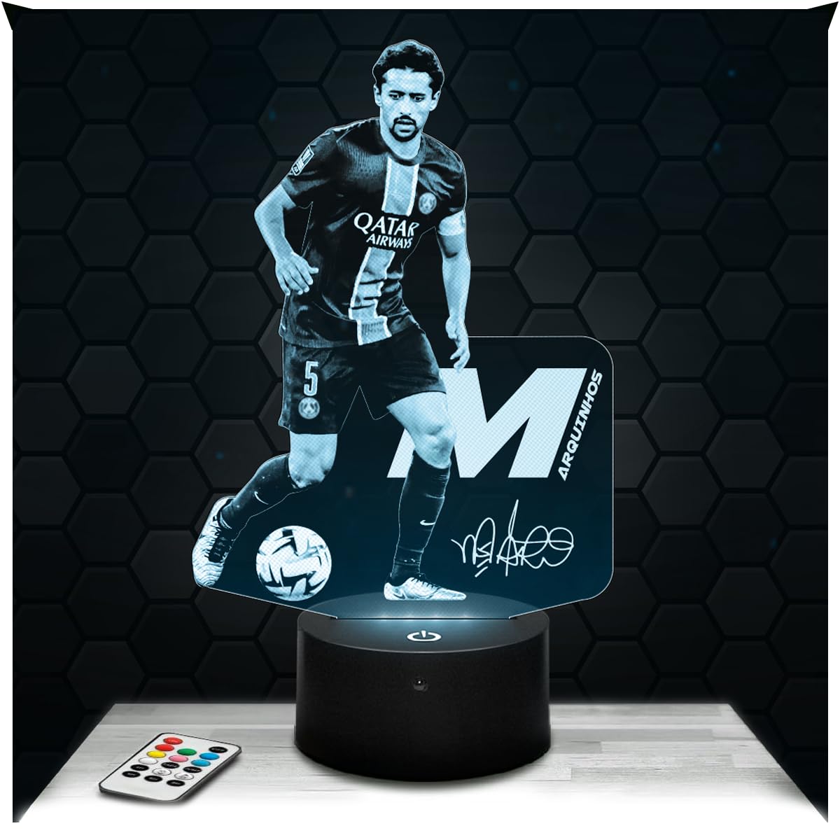 Lampephoto.fr - 3D Lamp Marquinhos Paris Brazilian International Footballer, Touch LED Football Night Light, 3D Hologram Effect, Football Gift Idea Christmas Birthday Boy or Girl
