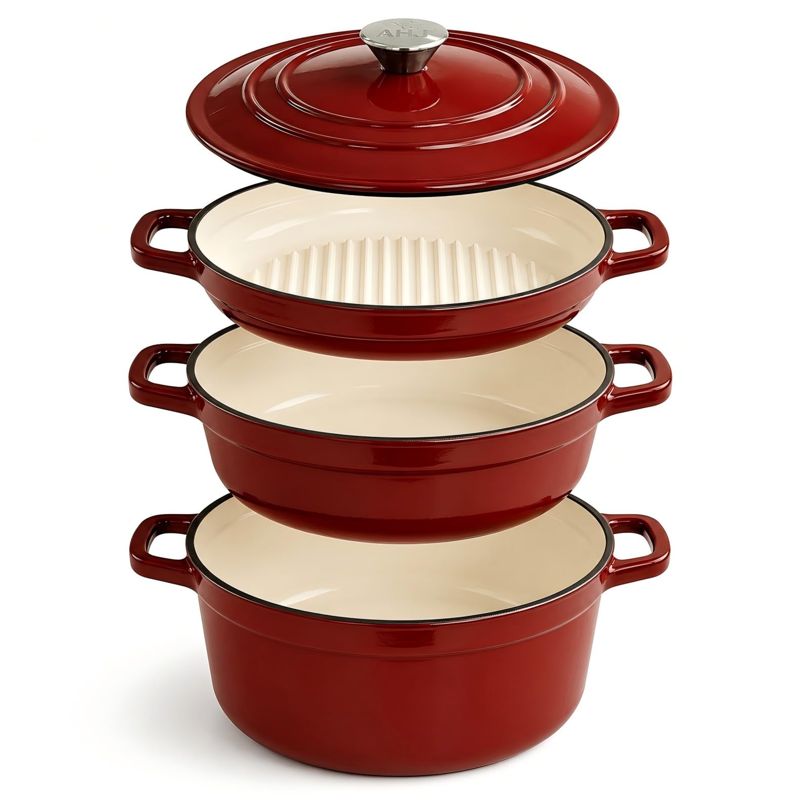 AHJ Topfset Gusseisen Emailliert, 4-teiliges stapelbares Schmortopf Set mit 4,5L Brotbacktopf/Dutch Oven, 2,5L Bräter, 1,2L Grillpfanne und Deckel, antihaftend, backofengeeignet bis 260°C, Rot | Inklusive Brottopf 4,5 L, Bräter 2,5 L, Grillpfanne 1,2 L un