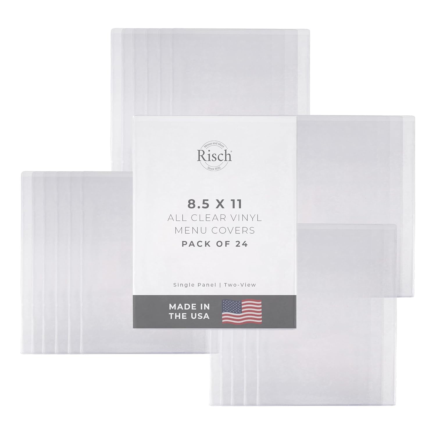 Risch Double-Sided All Clear Vinyl Menu Cover | Two-Sided 2 View Plastic Menu Holder | Slip in Top-Loading Cover | Wipeable, Reusable | 8.5” x 11” | 12-Gauge | Pack of 24