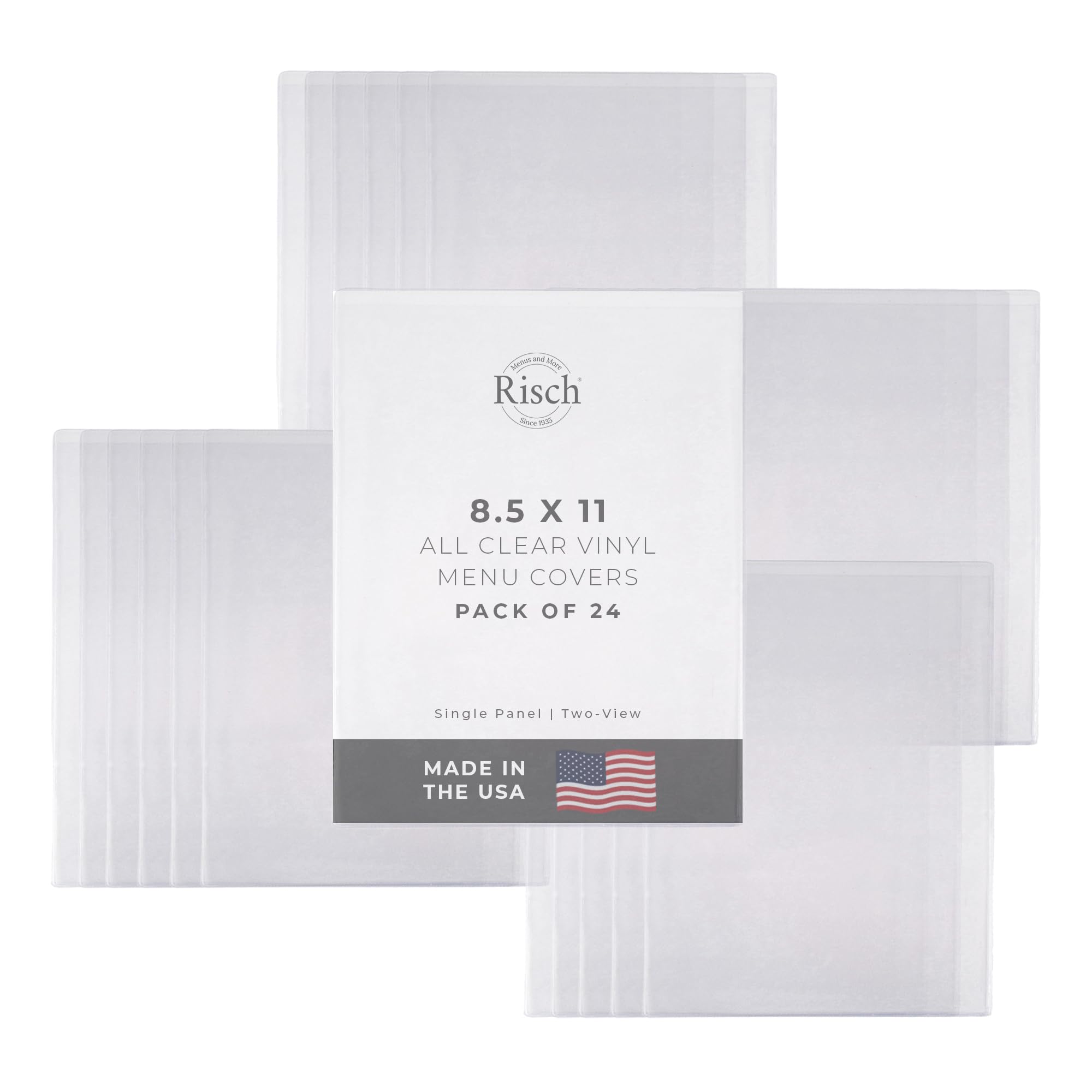 Risch 100 8.5X11 Heat Sealed Vinyl Menu Cover Single Pocket 2 View, All Clear, 8.5" x 11" (Pack of 24)