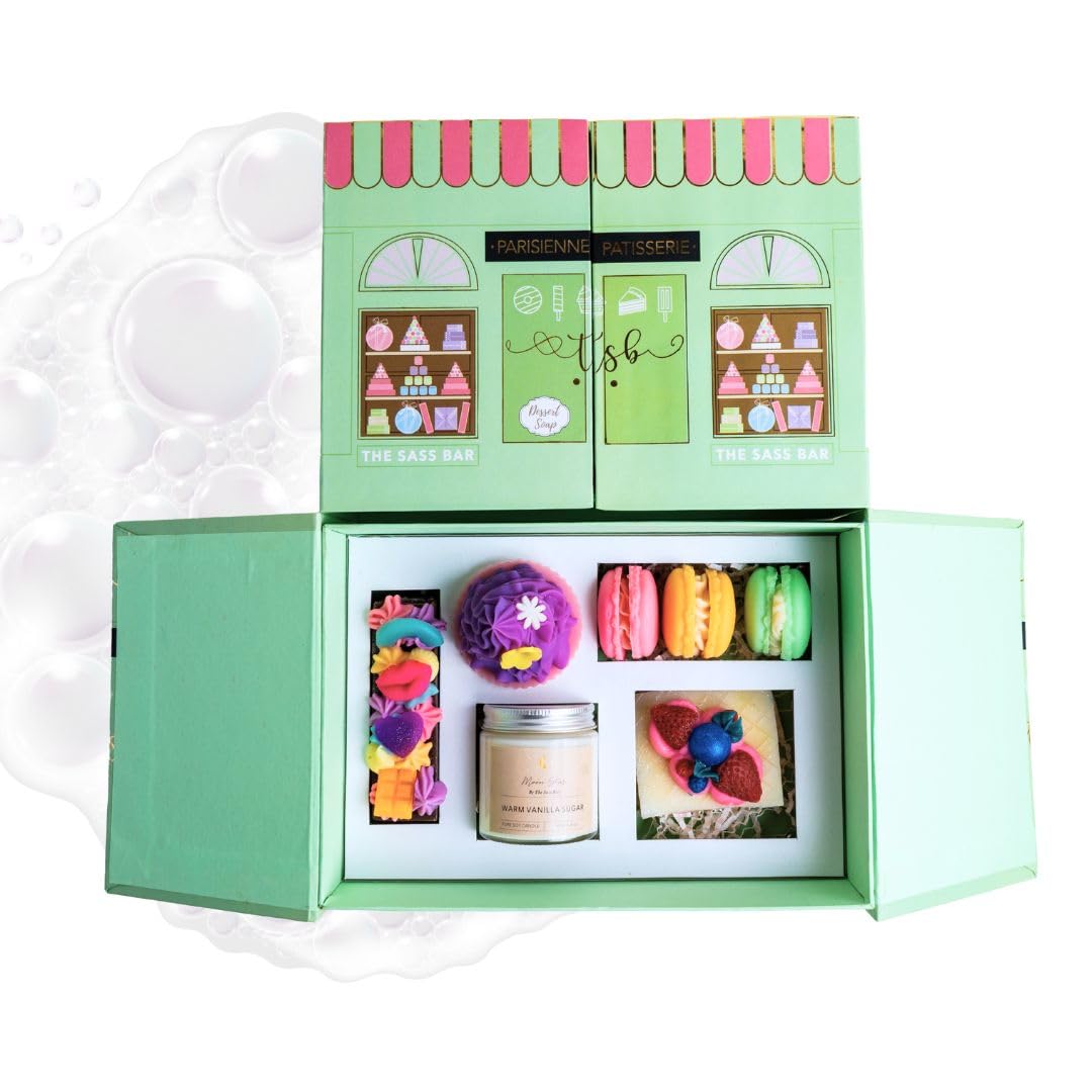 Handmade Soap Bar - Parisienne Patisserie Gift Box (Mille Feuille & Cupcake, Hand poured Soy Wax Candle, Macaron),Moisturizing Soap Bar, Suitable for All Skin Types